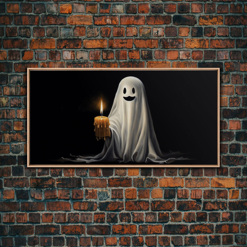 Silly Ghost Holding A Candle, Framed Canvas Print, Dark Academia Wall Art, Victorian Oil Painting Style Halloween Wall Art, Ghost Print