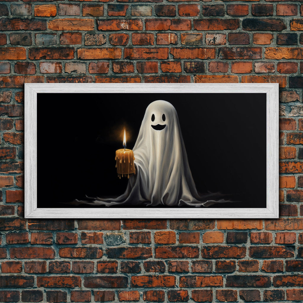 Silly Ghost Holding A Candle, Framed Canvas Print, Dark Academia Wall Art, Victorian Oil Painting Style Halloween Wall Art, Ghost Print