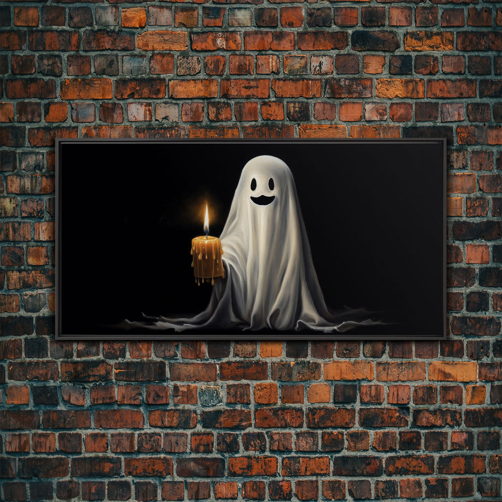 Silly Ghost Holding A Candle, Framed Canvas Print, Dark Academia Wall Art, Victorian Oil Painting Style Halloween Wall Art, Ghost Print