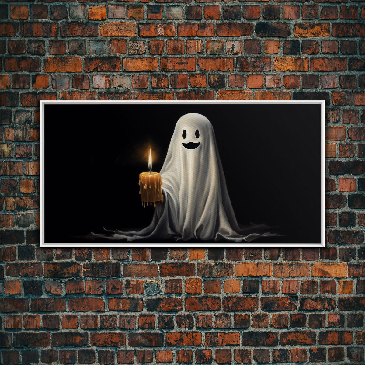 Silly Ghost Holding A Candle, Framed Canvas Print, Dark Academia Wall Art, Victorian Oil Painting Style Halloween Wall Art, Ghost Print