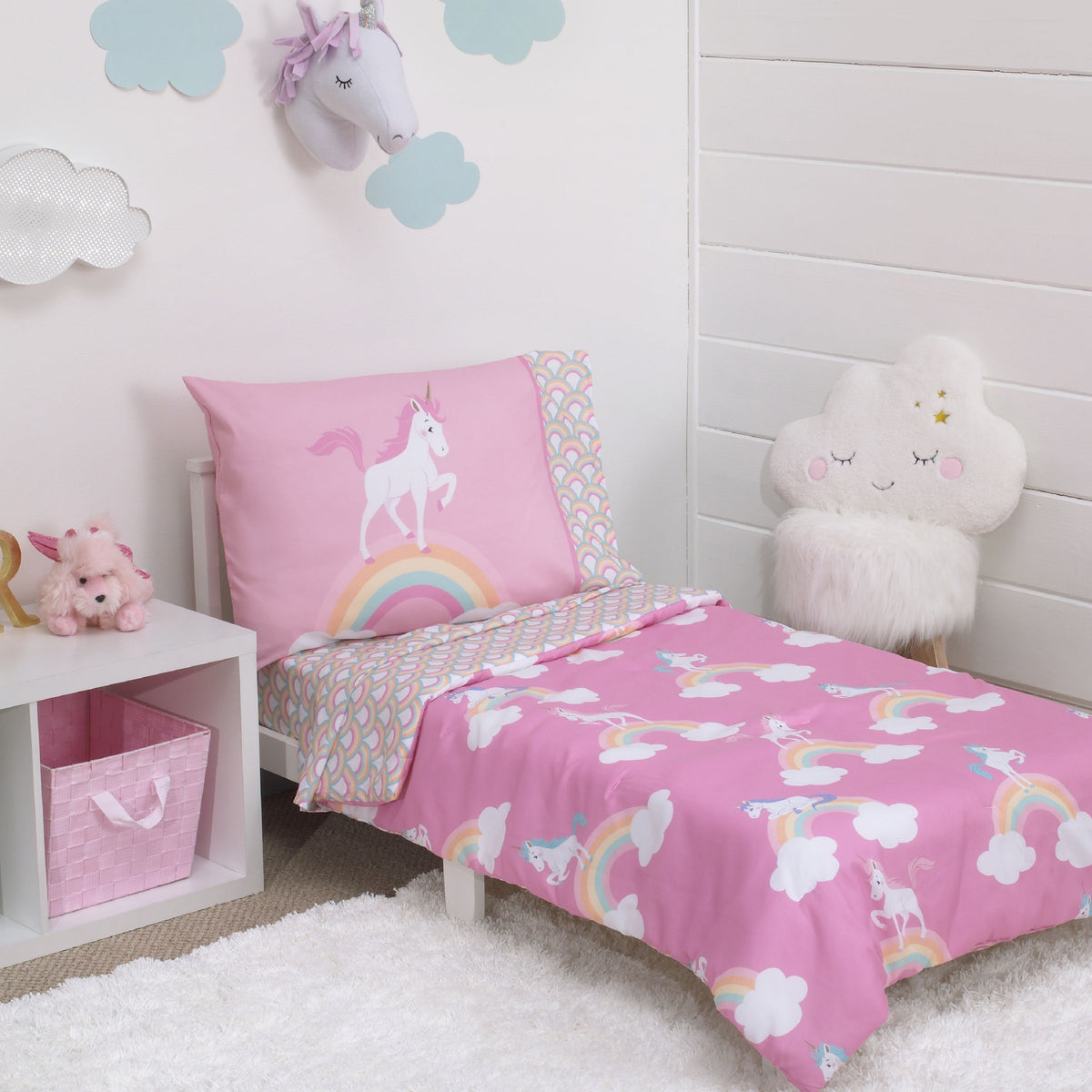 Everything Kids Rainbow Unicorn Pink, White and Rainbows 4 Piece Toddler Bed Set - Comforter, Fitted Bottom Sheet, Flat Top Sheet and Reversible Pillowcase