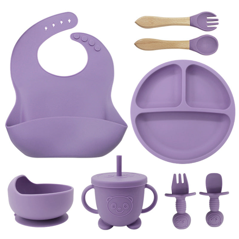 8PCS Mother and baby silicone bibs, silicone dinner plates, eight-piece set, baby food training suction cup bowl, baby divided tableware set