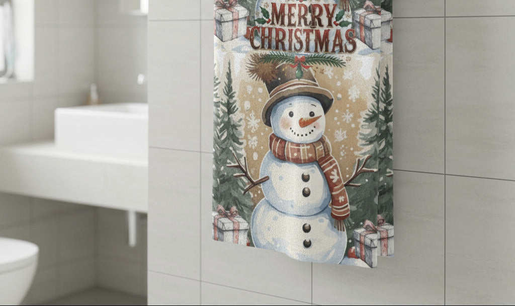 Happy Snowman Scene with Pine Trees Bath/Beach Towel