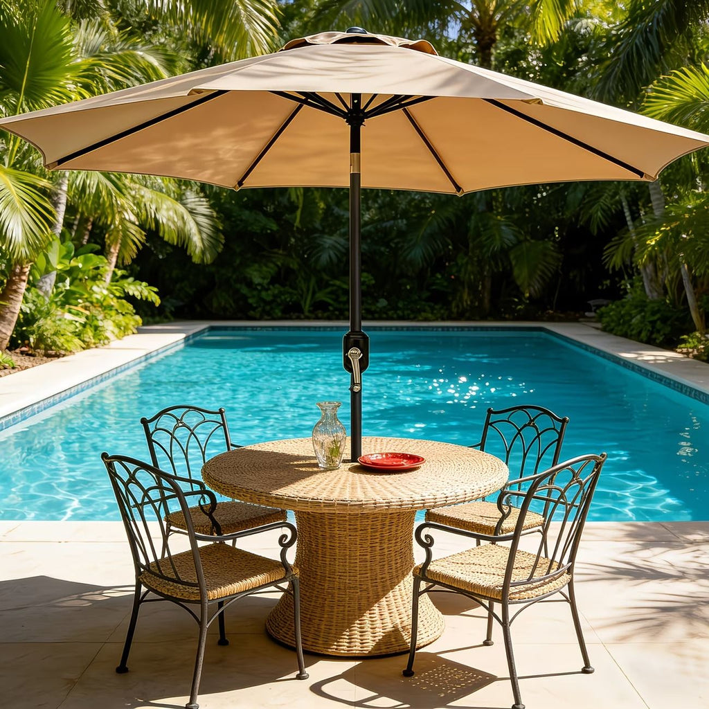 9FT Outdoor Patio Umbrella with Tilt and Crank, 8 Rib Market Umbrella, Stable Sun Shade Canopy for Patio, Beach, Deck, Garden and Outdoor Restaurant