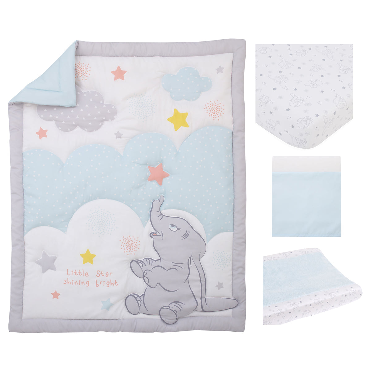 Disney Dumbo Shine Bright Lil Star Light Blue, Gray, and White Stars and Clouds 4 Piece Nursery Crib Bedding Set - Comforter, Fitted Crib Sheet, Changing Pad Cover, and Crib Skirt