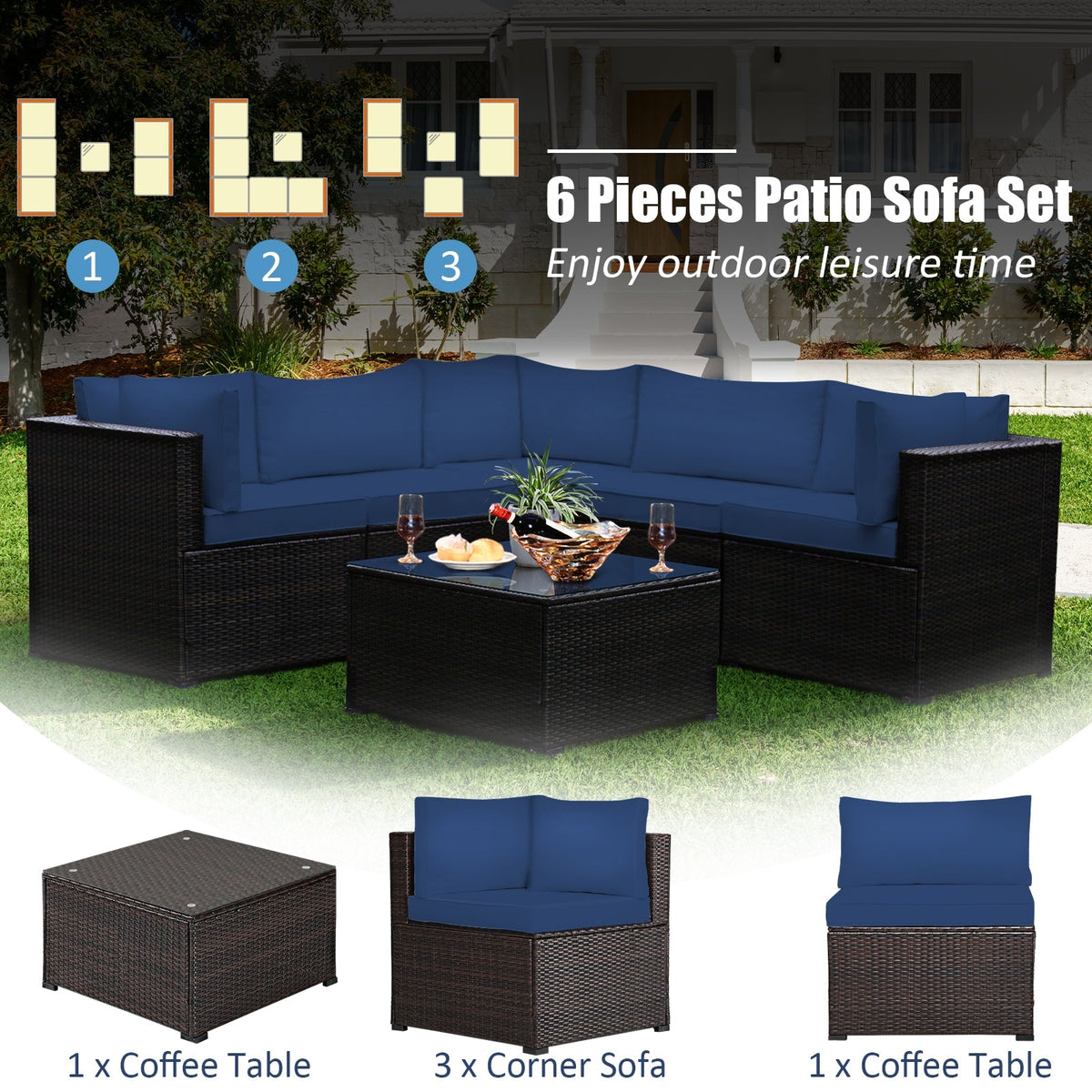 6 Pieces Patio Furniture Sofa Set with Cushions for Outdoor