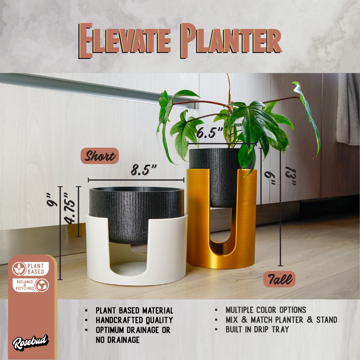 Modern Elevated Planter and Plant Stand Set - 2-Piece Plant Pot with Drainage in Multi Colors & Sizes, Mid-Century Modern Indoor Plant Stand