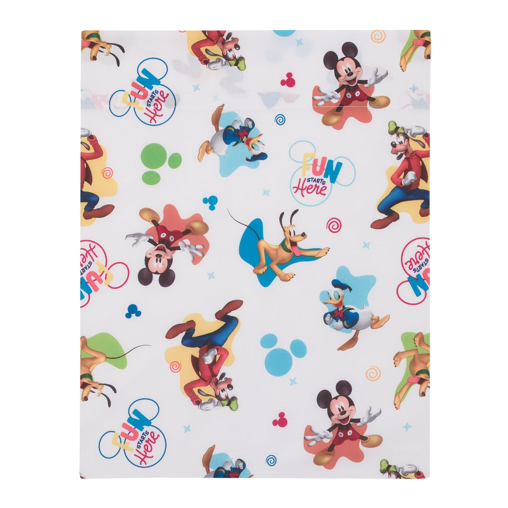 Disney Mickey Mouse Blue, Red, and Green, Donald Duck, Pluto, and Goofy, Fun Starts Here 4 Piece Toddler Bed Set - Comforter, Fitted Bottom Sheet, Flat Top Sheet, and Reversible Pillowcase
