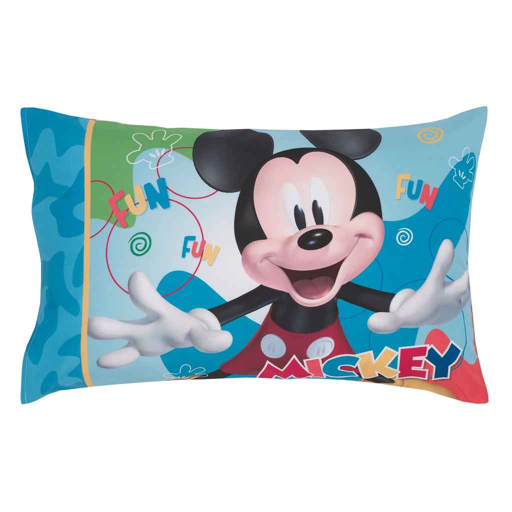 Disney Mickey Mouse Blue, Red, and Green, Donald Duck, Pluto, and Goofy, Fun Starts Here 4 Piece Toddler Bed Set - Comforter, Fitted Bottom Sheet, Flat Top Sheet, and Reversible Pillowcase