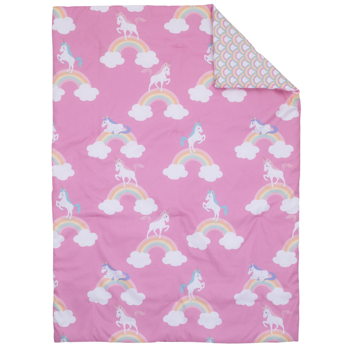 Everything Kids Rainbow Unicorn Pink, White and Rainbows 4 Piece Toddler Bed Set - Comforter, Fitted Bottom Sheet, Flat Top Sheet and Reversible Pillowcase